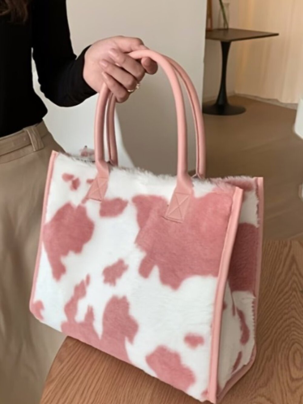Pink and White Cow Print Faux Fur Tote